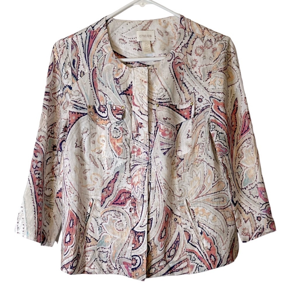 Chico’s 100% Linen Paisley Jacket Open Front Cropped Artsy Boho Lightweight S